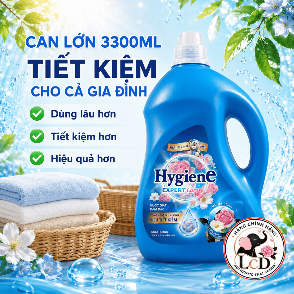Can Nước Xả Vải Đậm Đặc Hygiene 3300ml 3 mùi hương nhẹ nhàng - thơm dịu nhẹ mùa hè nóng bức | LcD Thailand Mart