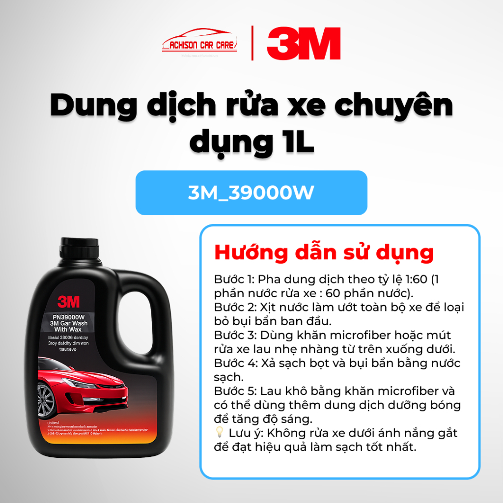 Nước Rửa Xe Ô Tô Siêu Bọt 3M PN39000W 1L - Dung Dịch Rửa Xe Chuyên Dụng Tích Hợp Wax Làm Bóng Sơn