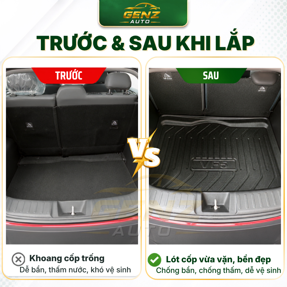 Lót cốp VF5- Vinfast VF5, Nhựa dẻo TPO không mùi, Chuẩn khít Form xe, Chống thấm nước cực tốt