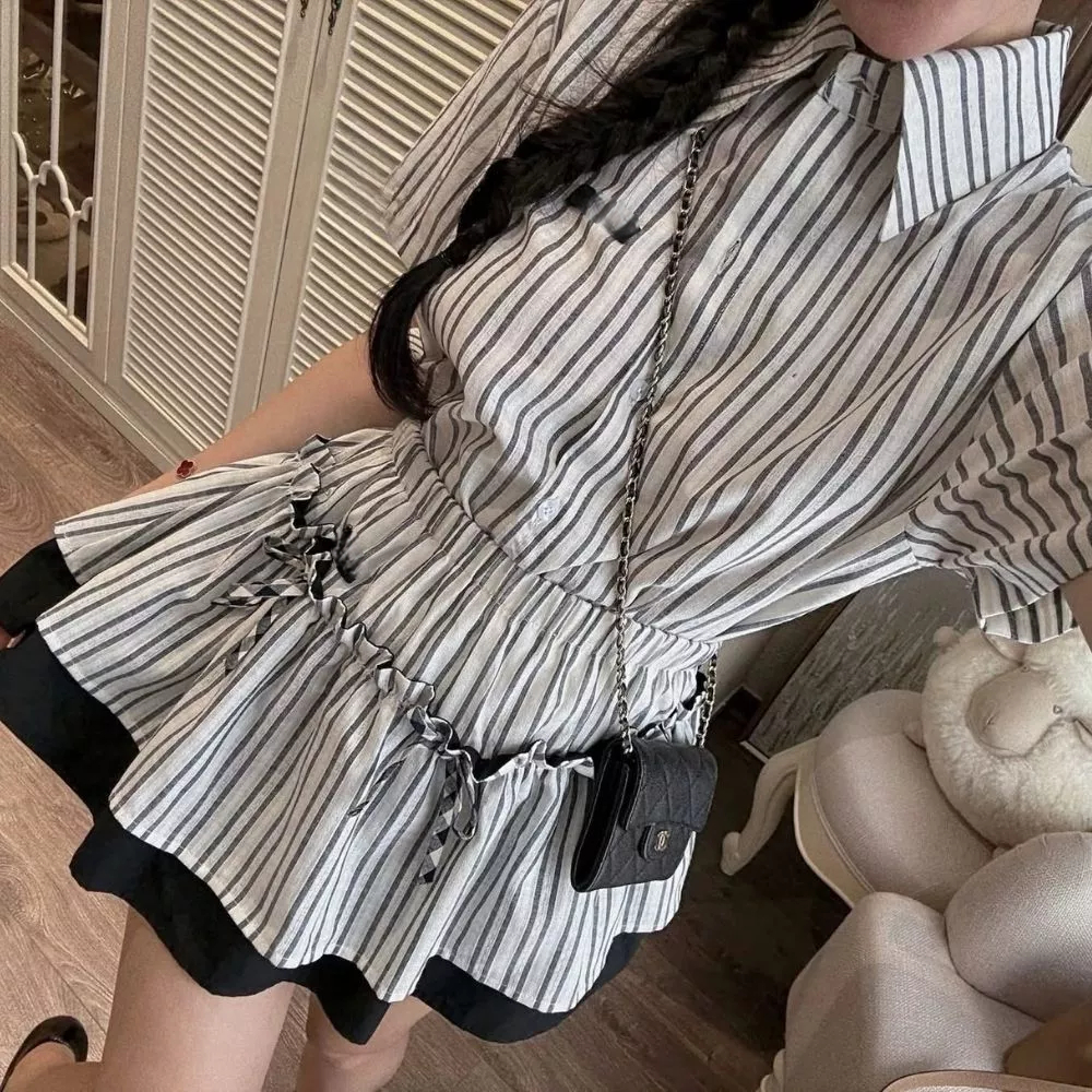 Set đồ nữ kẻ sọc xanh áo sơ mi mix chân váy xoè, đồ bộ nữ tiểu thư dễ thương Zemma HCOM26270