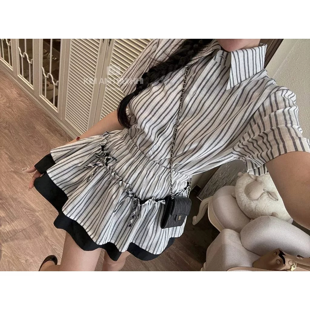Set đồ nữ kẻ sọc xanh áo sơ mi mix chân váy xoè, đồ bộ nữ tiểu thư dễ thương Zemma HCOM26270
