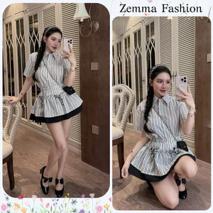 Set đồ nữ kẻ sọc xanh áo sơ mi mix chân váy xoè, đồ bộ nữ tiểu thư dễ thương Zemma HCOM26270