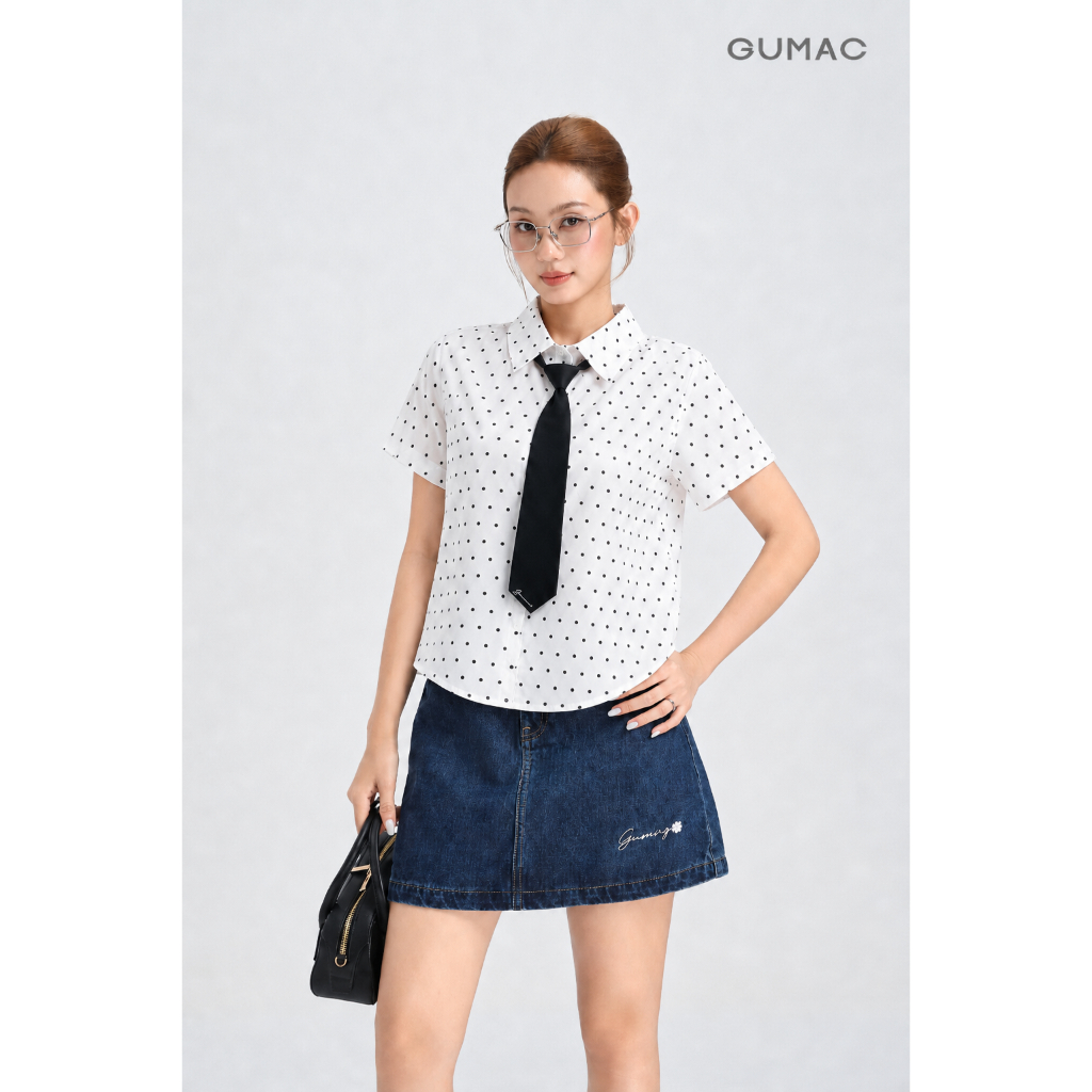 Áo Sơ Mi Nữ Tay Ngắn GMORNING Form Suông Lai Bầu Nhẹ Chất Kate In Mềm Kèm Cà Vạt Phối Rời Trẻ Trung YAG05010