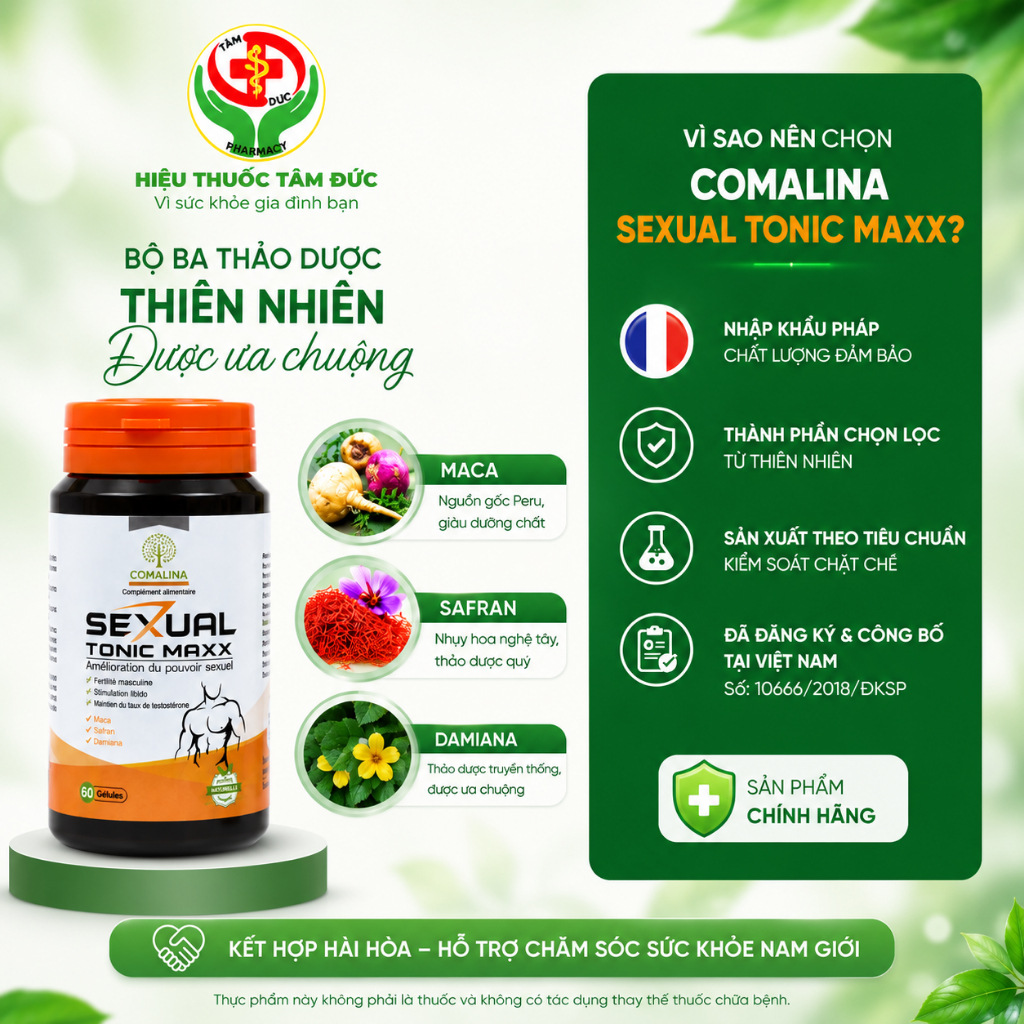 COMALINA Sexual Tonic Maxx 60 Viên Nhập Khẩu Pháp - Thực Phẩm Bổ Sung Cho Nam Giới, Thành Phần Maca Saffron Damiana