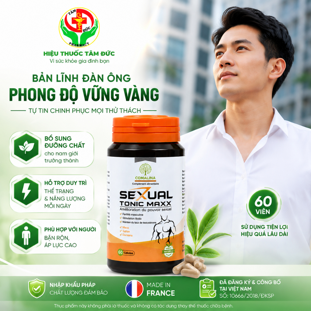 COMALINA Sexual Tonic Maxx 60 Viên Nhập Khẩu Pháp - Thực Phẩm Bổ Sung Cho Nam Giới, Thành Phần Maca Saffron Damiana