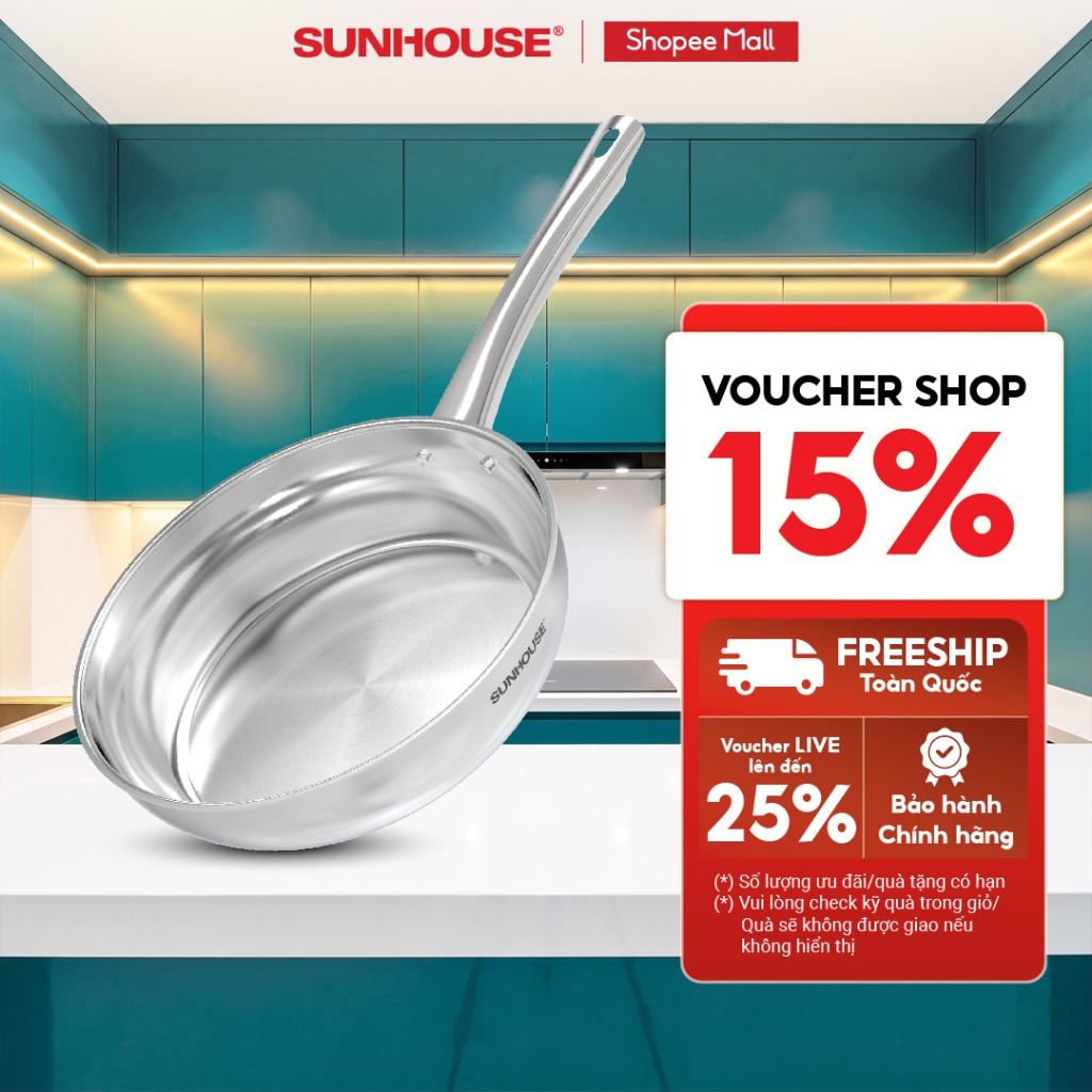 [Mã độc quyền online] Chảo inox 304 đa lớp Sunhouse IN20-24-26M7E - 3 lớp inox liền khối - Dùng mọi loại bếp