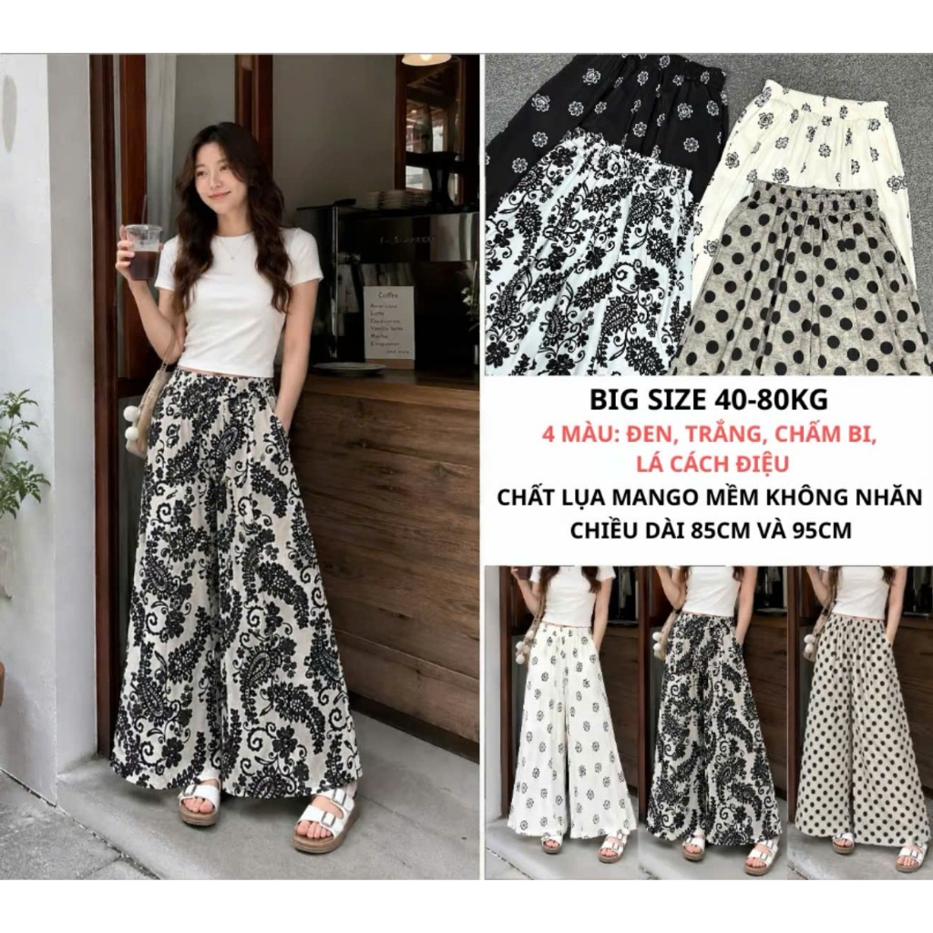 Quần Suông Nữ Lụa Mango Mềm Mát Lưng Thun Dáng Váy Ống Rộng Big Size 40-80KG, 85cm 95cm - MAY Fashion