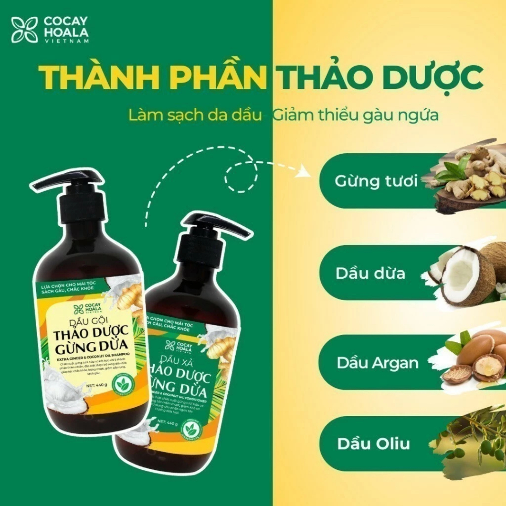 Combo Dưỡng Tóc Cỏ Cây Hoa Lá Gừng Dừa, Dầu Gội Làm Tóc Hết Bết Dính Chắc Khoẻ, Dầu Xả Giúp Tóc Suôn Mượt Giảm Rụng Tóc