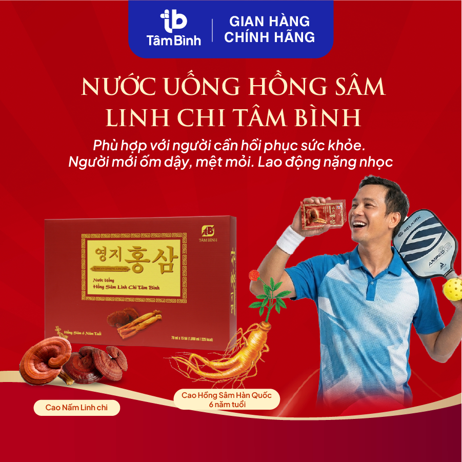 Hộp 15 gói Nước uống Hồng sâm Linh chi Tâm Bình - Dùng cho người cần hồi phục sức khỏe, người mới ốm dậy
