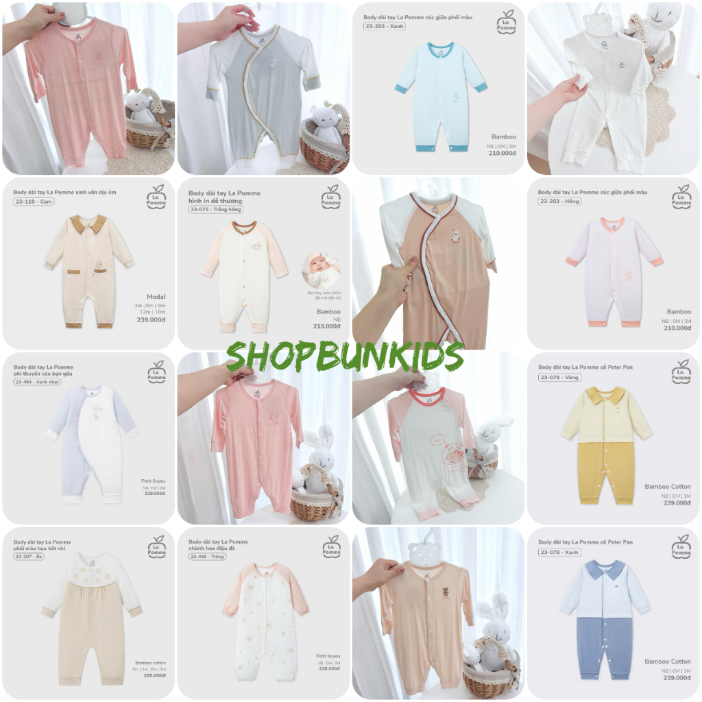 Body dài tay La Pomme sơ sinh vải mỏng mát hè điều hòa LaPomme body Bodysuit liền thân 0-6 tháng