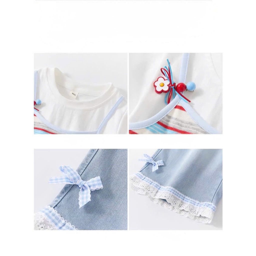Set đồ bộ bé gái, set quần áo bé gái áo cotton phối bèo kèm quần dài chất jean mềm dễ thương đi học đi chơi Size 12-38kg