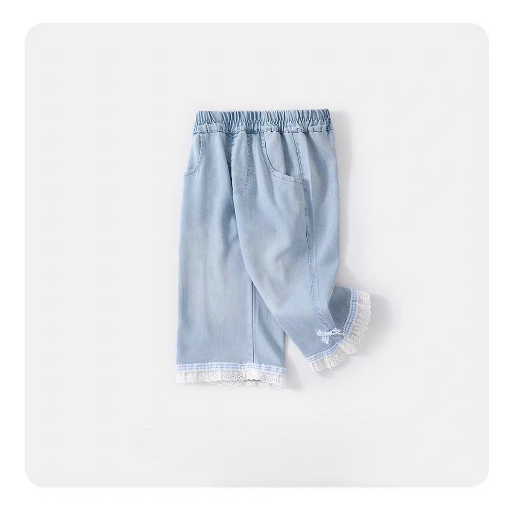 Set đồ bộ bé gái, set quần áo bé gái áo cotton phối bèo kèm quần dài chất jean mềm dễ thương đi học đi chơi Size 12-38kg