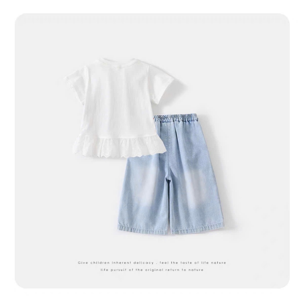 Set đồ bộ bé gái, set quần áo bé gái áo cotton phối bèo kèm quần dài chất jean mềm dễ thương đi học đi chơi Size 12-38kg