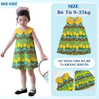 Váy Cho Bé Gái, Váy Sát Nách Cho Bé Gái Thiết Kế Cổ Bèo Họa Tiết Hoa Xanh Tươi Mát Chất Liệu Cotton