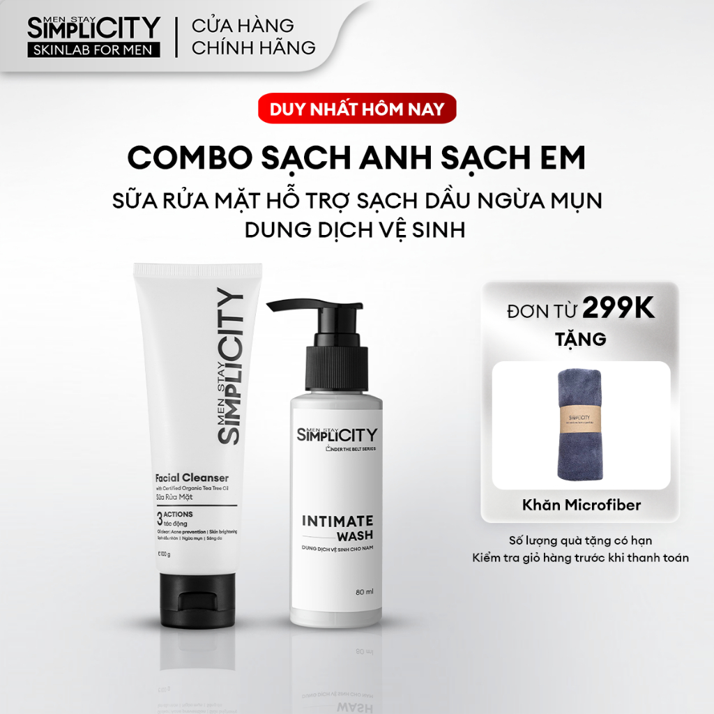 Combo Sạch anh sạch em Men Stay Simplicity: Sữa rửa mặt 3 tác động 100g & Dung dịch vệ sinh nam làm sạch ngăn mùi 80ml