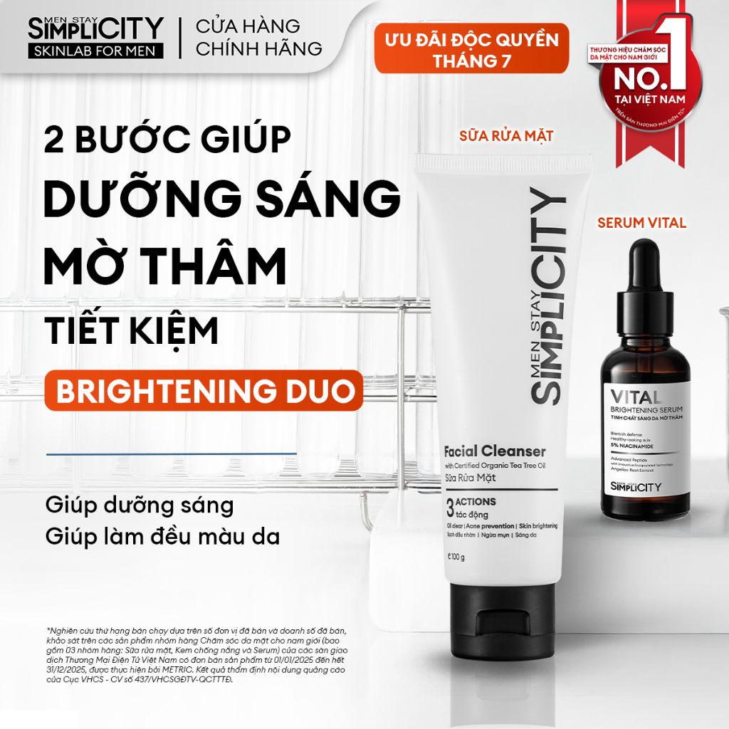 Combo Brightening Duo dưỡng trắng mờ thâm tiết kiệm cho nam Men Stay Simplicity: Sữa rửa mặt 100g & Serum Vital 30ml