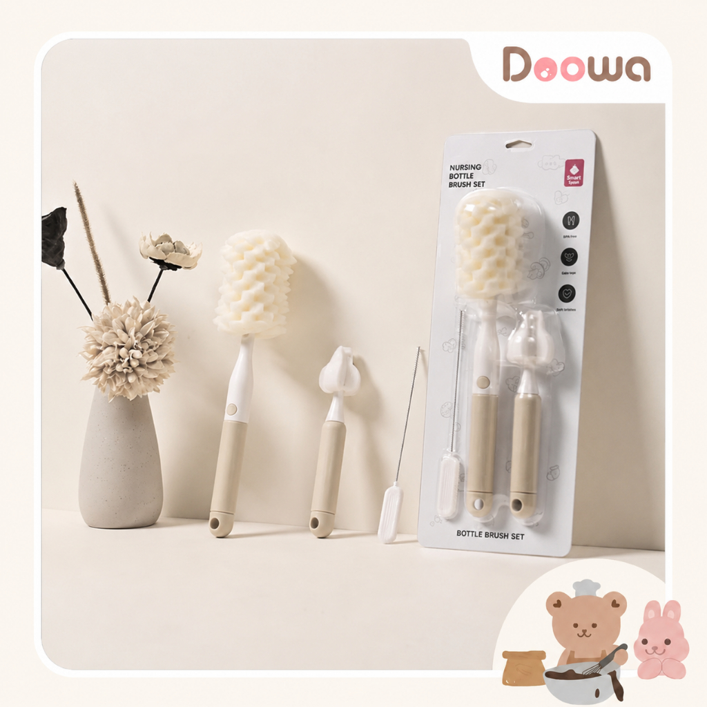 Set cọ bình mút xoay 360 độ làm sạch mọi ngóc ngách của bình sữa