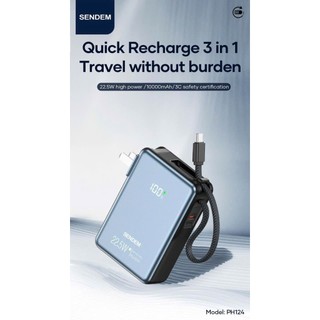 [Có 3C] Sạc Dự Phòng Sendem PH124 10000mAh TypeC PD 22.5W, kèm cáp TypeC, chân cắm AC (Xám)