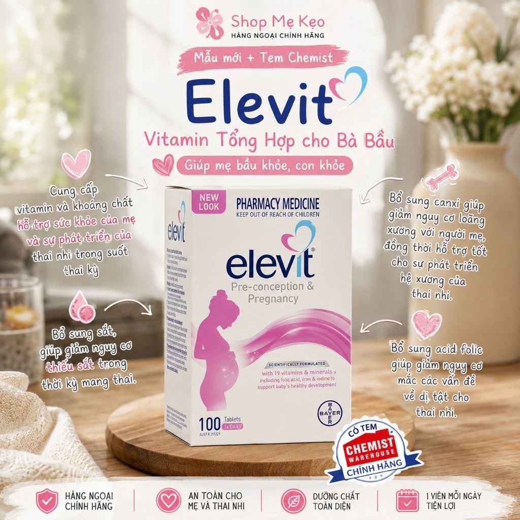 {Mẫu mới+Tem Chemist} Elevit Bầu Úc - Vitamin Tổng Hợp cho bà Bầu 100 viên date mới, giúp mẹ bầu khỏe, con khỏe