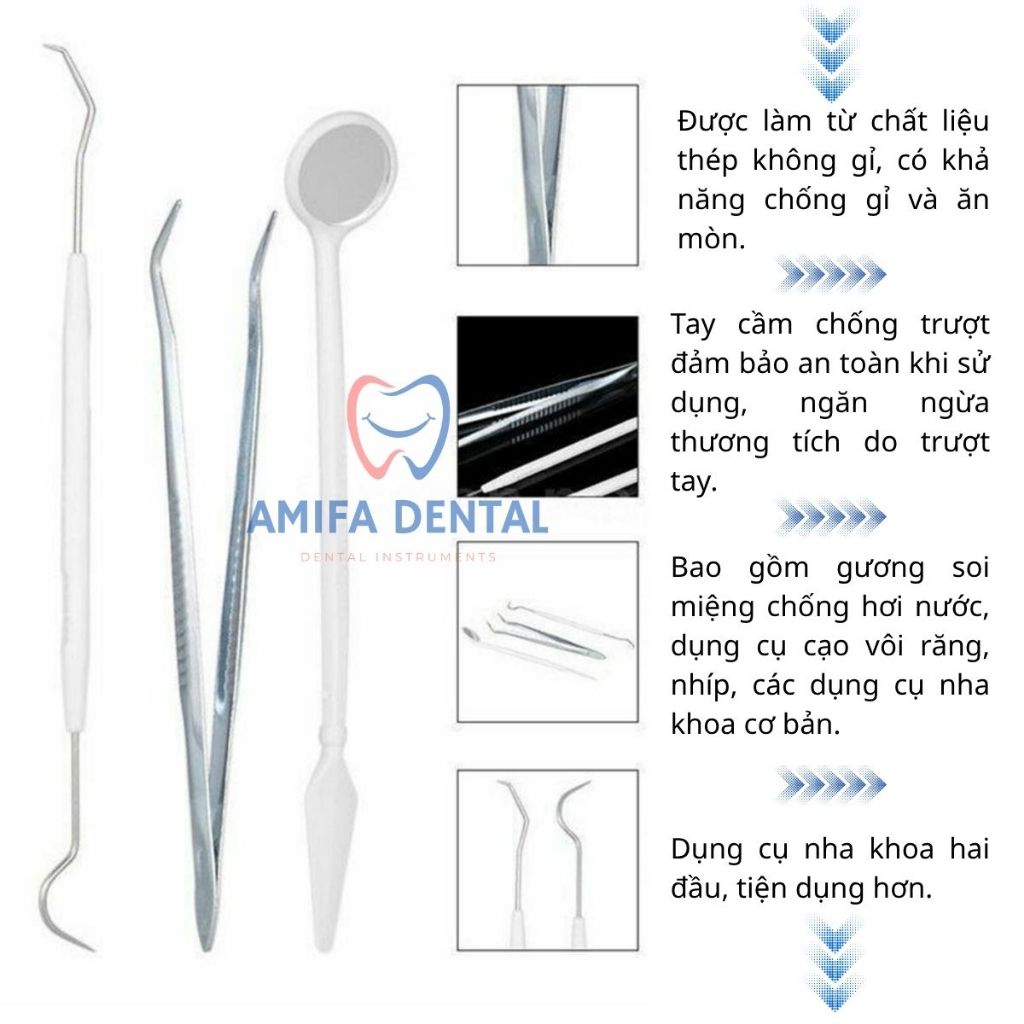Bộ Khám Nha Khoa 3 Chi Tiết Dùng Một Lần Tiện Dụng, Gương Nha Khoa, Nhíp Nha Khoa, Cây Thám Trâm