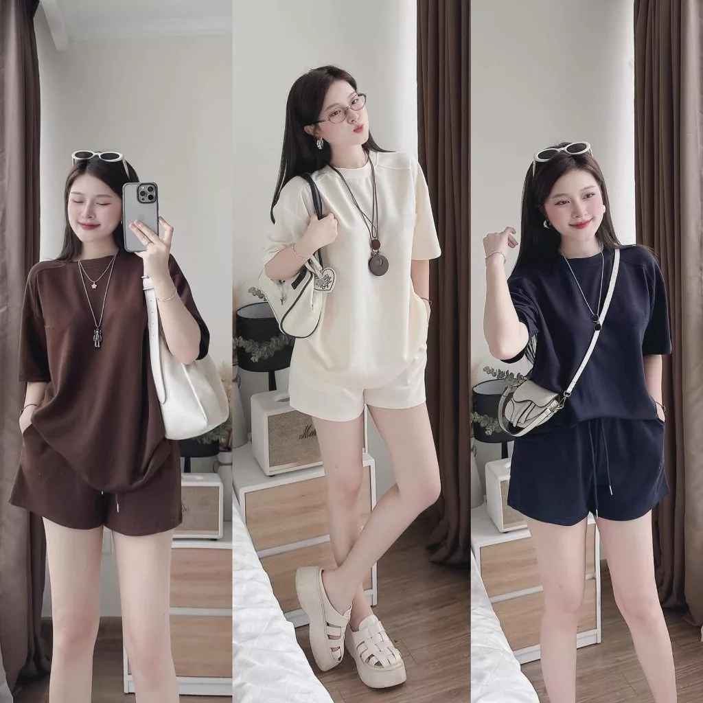Set Bộ Nữ HCOM25902 Áo Thun Form Rộng Và Quần Short Đùi Phong Cách Hàn Quốc Trẻ Trung DONNA