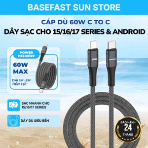 Cáp Sạc Nhanh 2 Đầu Type-C Basefast 60W Dài 1/2M Bện Dù Chống Gãy Cho 15/16/Android