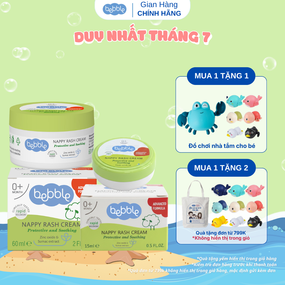 Kem hăm tã Bebble Nappy Rash Cream có 2 size, dịu da tức thì, làm dịu vết côn trùng đốt, dùng cho bé từ 0 tháng tuổi