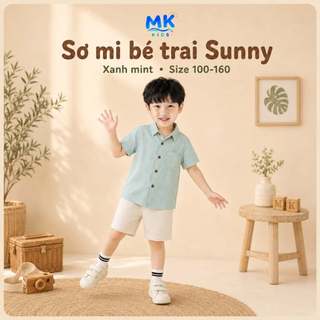 Áo Sơ Mi Cộc Tay Bé Trai Sunny MK Kids 8 Màu Trơn Dễ Phối Chất Đũi Tơ Mềm Mát Thoáng Khí 2-10 Tuổi