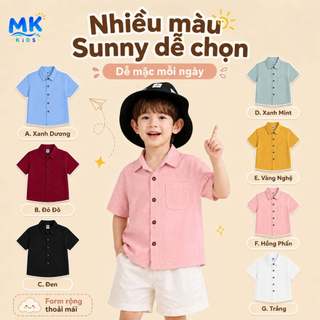 Áo Sơ Mi Cộc Tay Bé Trai Sunny MK Kids 8 Màu Trơn Dễ Phối Chất Đũi Tơ Mềm Mát Thoáng Khí 2-10 Tuổi