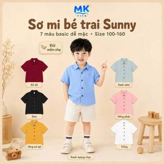 Áo Sơ Mi Cộc Tay Bé Trai Sunny MK Kids 8 Màu Trơn Dễ Phối Chất Đũi Tơ Mềm Mát Thoáng Khí 2-10 Tuổi