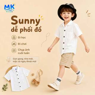 Áo Sơ Mi Cộc Tay Bé Trai Sunny MK Kids 8 Màu Trơn Dễ Phối Chất Đũi Tơ Mềm Mát Thoáng Khí 2-10 Tuổi