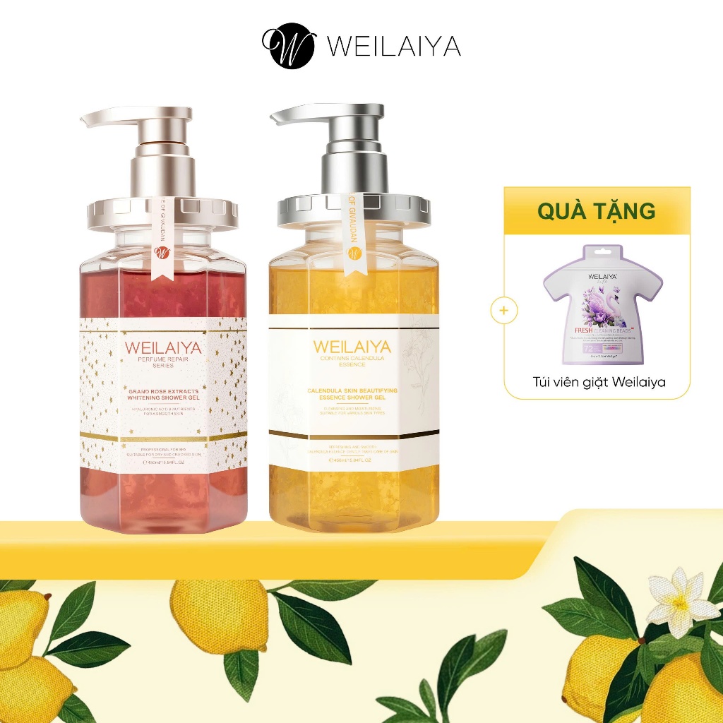 Set quà Sữa tắm trắng da cánh hoa hồng Damask 450ml và Sữa tắm trắng da, làm sạch da toàn thân Niacinamide WEILAIYA 450m