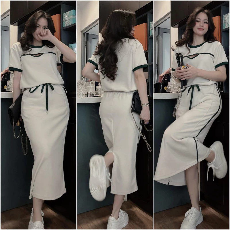 Set đồ nữ DONNA HCOM25580 thun gân dáng dài phối viền xanh basic sang chảnh, đồ bộ nữ mặc nhà đi chơi basic