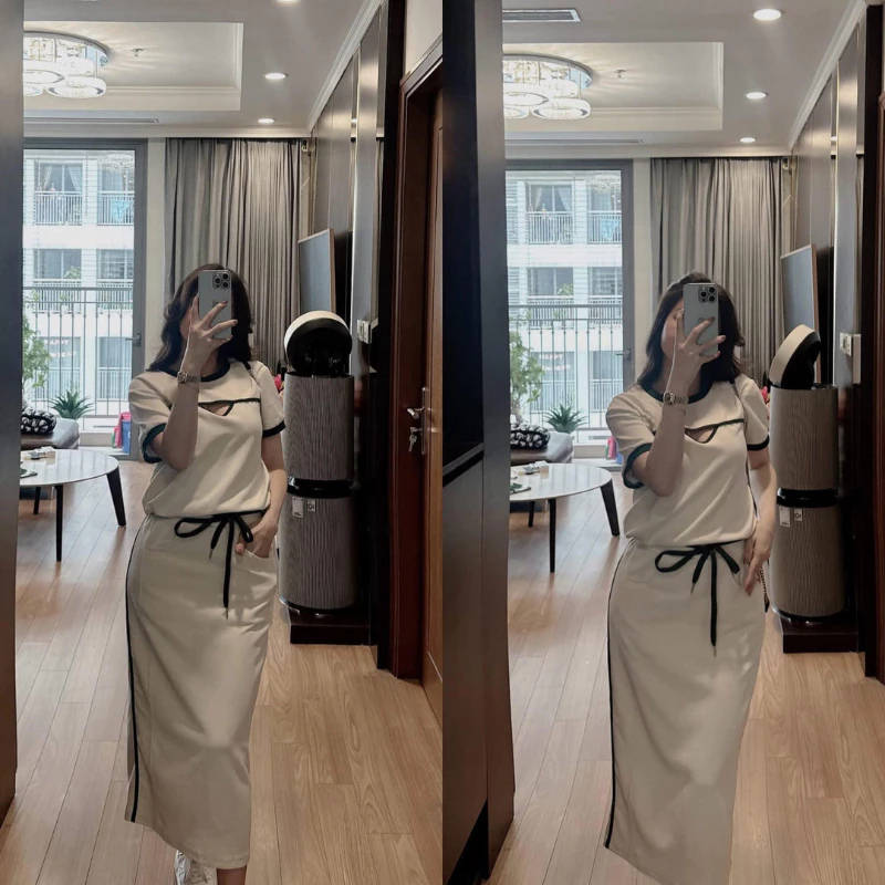 Set đồ nữ DONNA HCOM25580 thun gân dáng dài phối viền xanh basic sang chảnh, đồ bộ nữ mặc nhà đi chơi basic