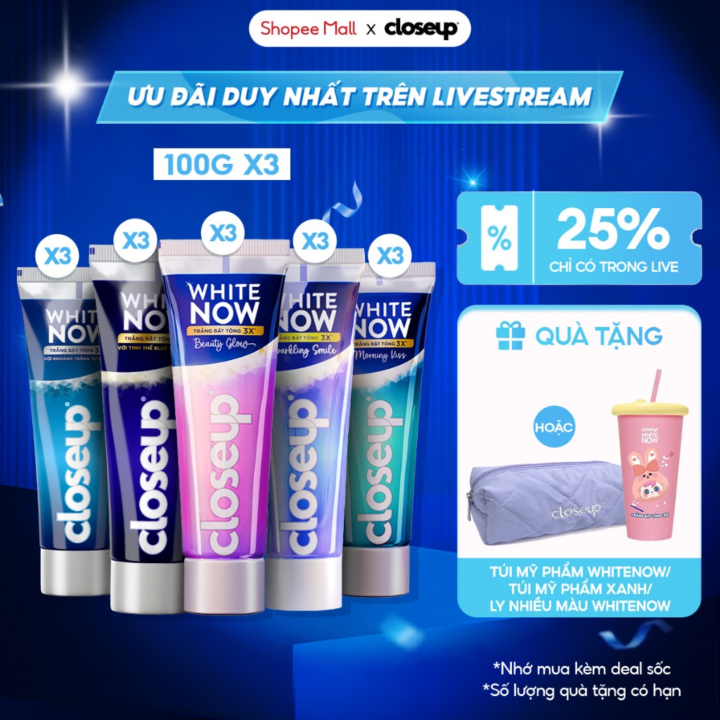 [LIVE] Combo 3 kem đánh răng CLOSEUP White Now - Trắng Bật Tông 3X tức thì từ Công nghệ Ánh Sáng Xanh 100g