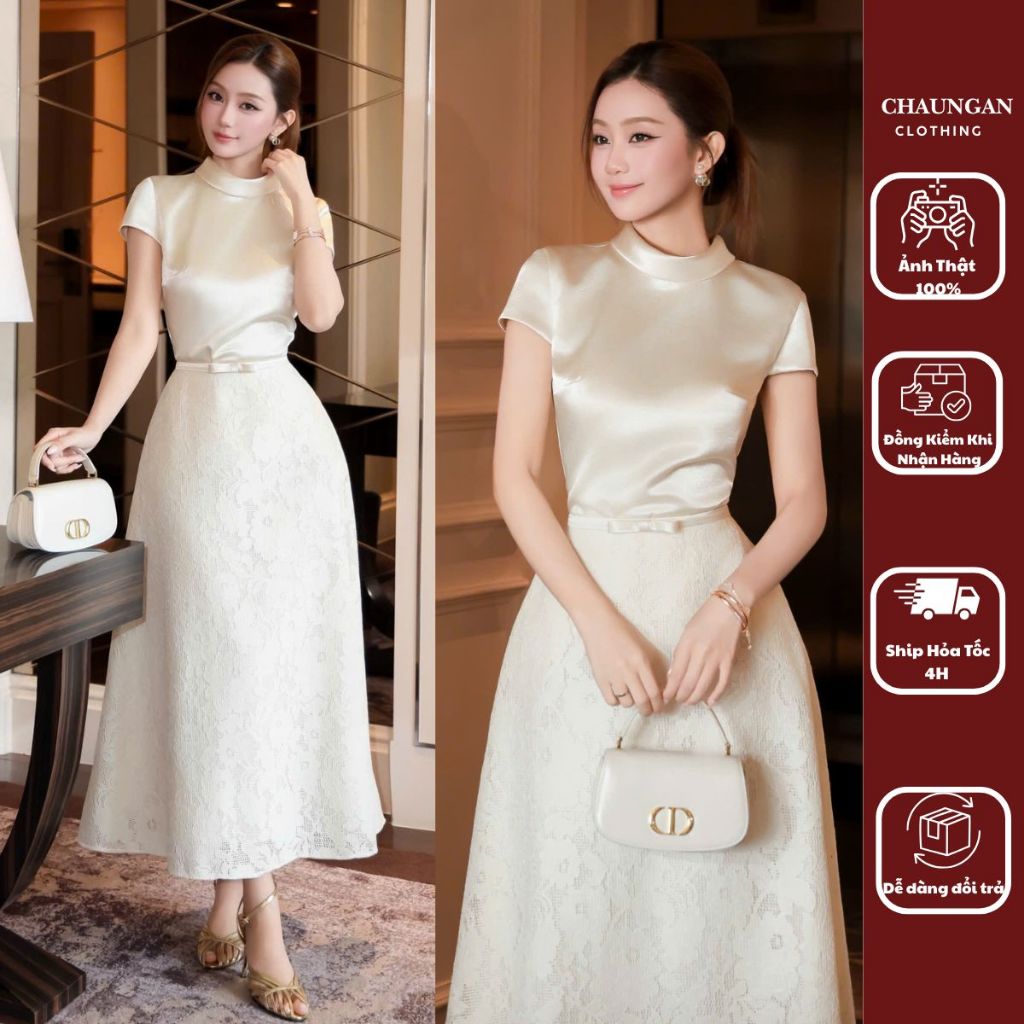 Set Áo Lụa Tay Ngắn Và Chân Váy Gấm Dáng Dài – Set Đồ Tiểu Thư Đi Tiệc, Đi Sự Kiện Sang Chảnh.
