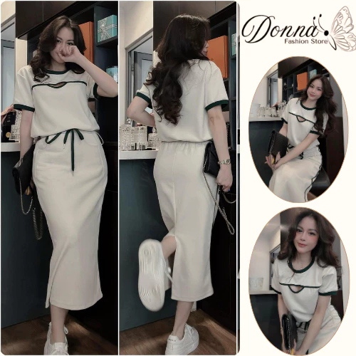 Set đồ nữ DONNA HCOM25580 thun gân dáng dài phối viền xanh basic sang chảnh, đồ bộ nữ mặc nhà đi chơi basic