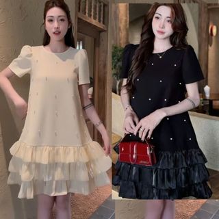 Váy bầu 3 tầng đuôi cá VIBA [VB126] thiết kế 2 lớp mềm mịn màu đen kem