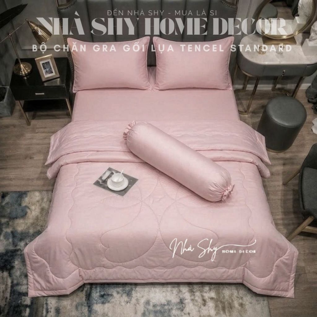 Trọn Bộ Chăn Ga Gối Lụa Tencel Standard Cao Cấp - Bộ 4 Món Không Chăn Và 5 Món Có Chăn - Nhà Shy Home Decor