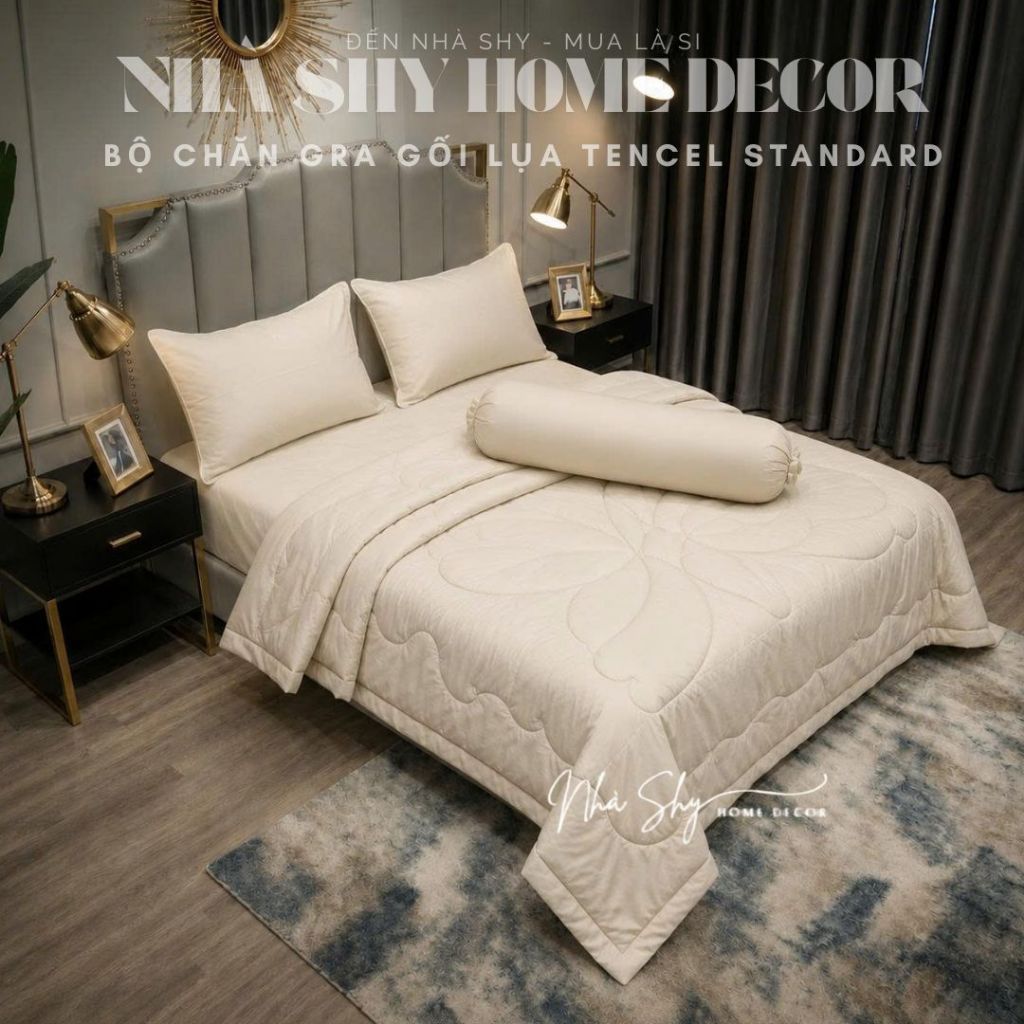 Trọn Bộ Chăn Ga Gối Lụa Tencel Standard Cao Cấp - Bộ 4 Món Không Chăn Và 5 Món Có Chăn - Nhà Shy Home Decor