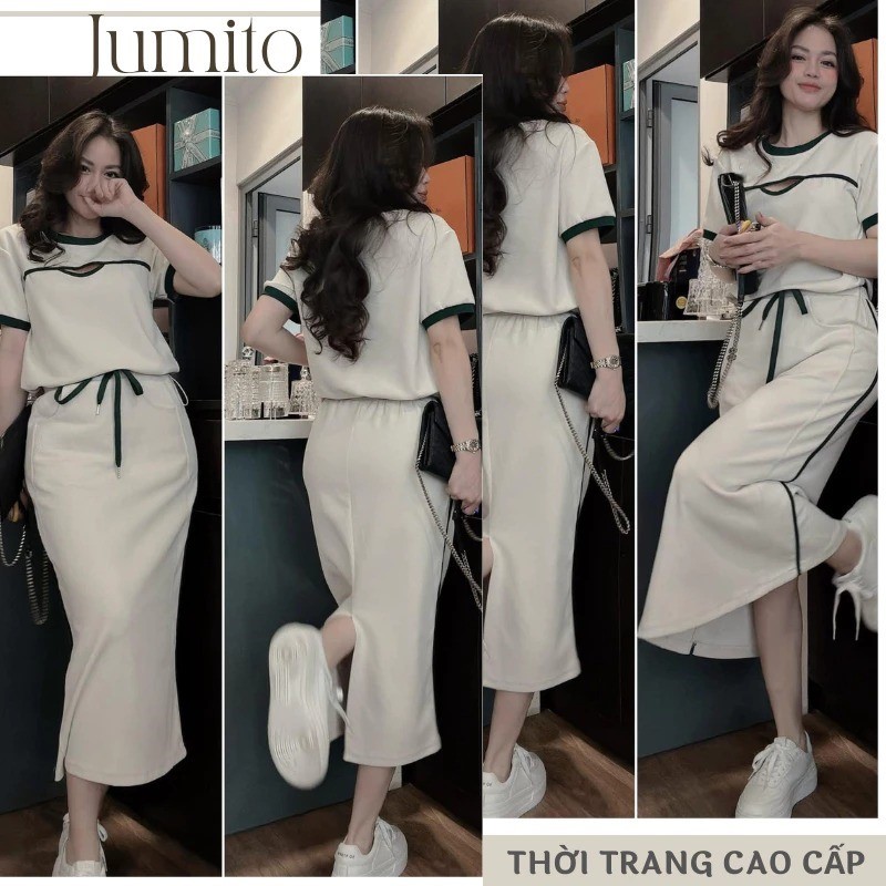Set bộ đồ nữ thể thao áo thun cut-out kèm chân váy dài xẻ tà chất thun lụa co giãn mặc đi chơi HCOM25580