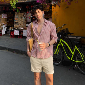 Set Bộ Sơ Mi Kẻ Sọc Linen+Quần Shorts Đũi Mặc Đi Biển Đi Du Lịch Dạo Phố Cafe Hàn Quốc J74