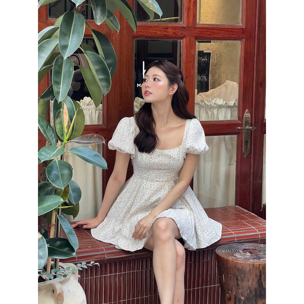 Jessi Dress Váy Hoa Nhí Vintage Tay Phồng Cổ Vuông Form Xòe