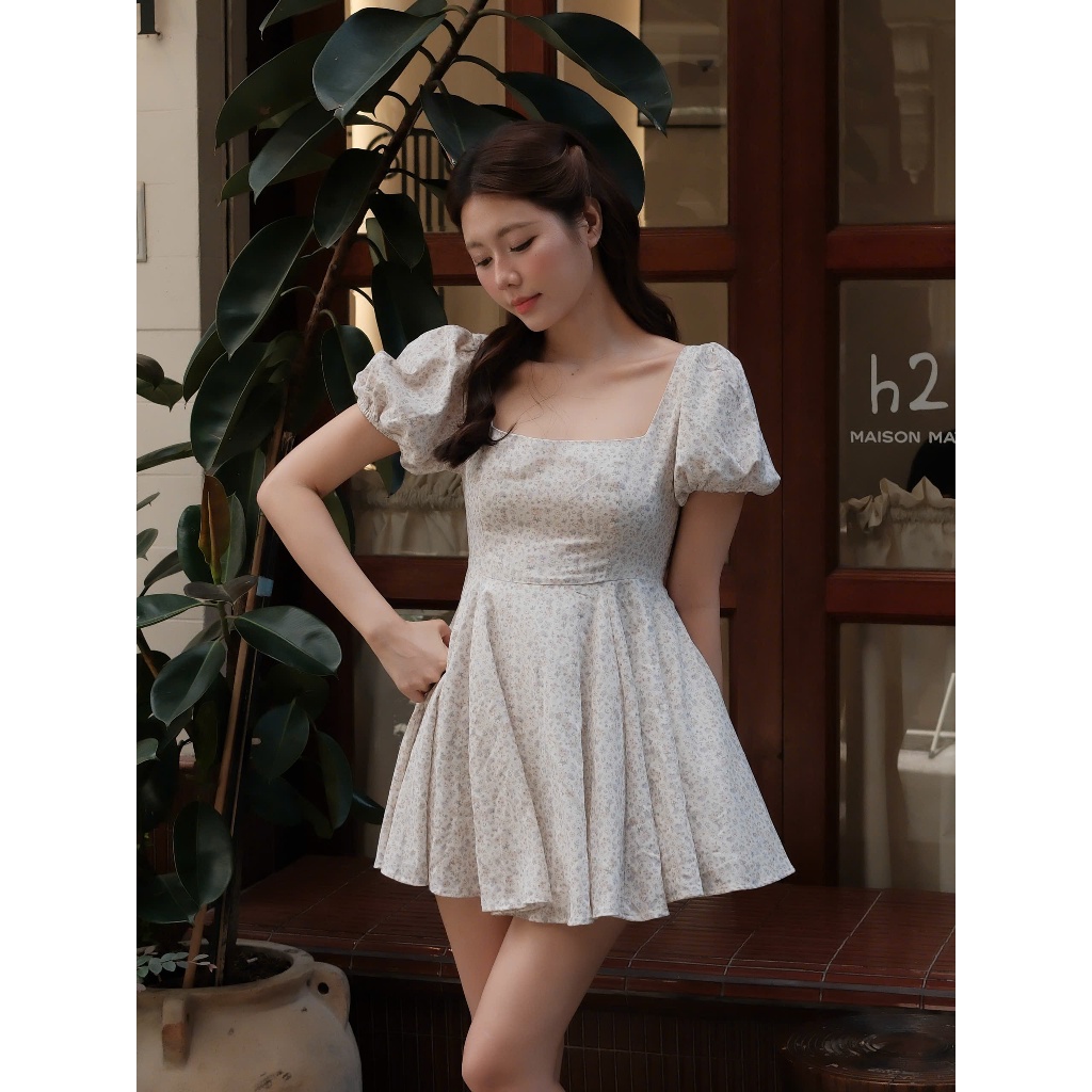 Jessi Dress Váy Hoa Nhí Vintage Tay Phồng Cổ Vuông Form Xòe