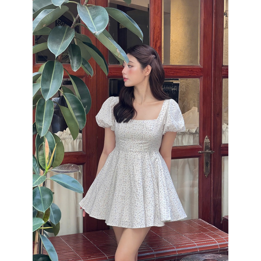 Jessi Dress Váy Hoa Nhí Vintage Tay Phồng Cổ Vuông Form Xòe