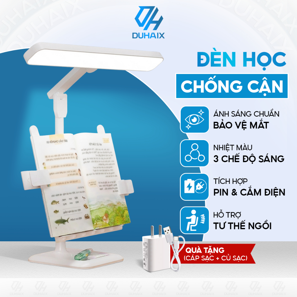 Đèn học để bàn chống cận bảo vệ mắt, Giá kẹp sách, Tích điện 3200mAh, 3 chế độ ánh sáng, ĐC ánh sáng vô cấp, BH 12th