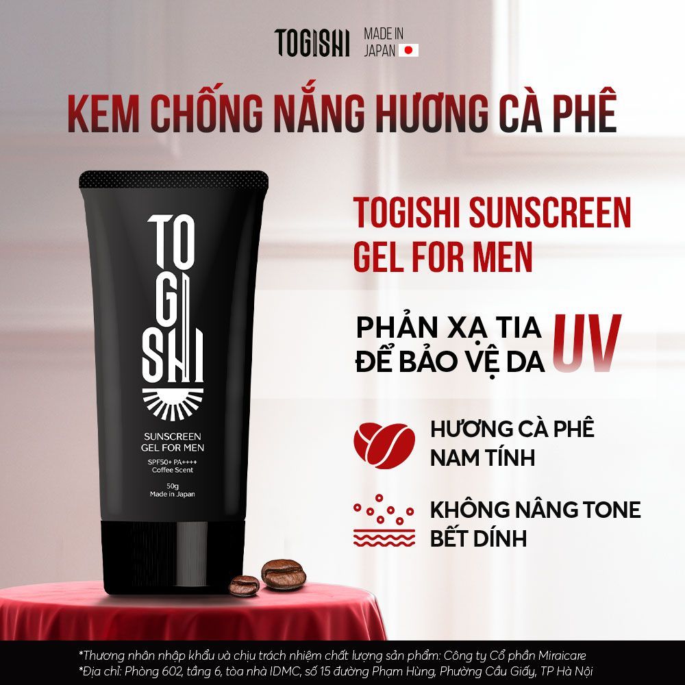 TOGISHI Kem chống nắng cafe cho nam, chống nắng SPF 50+ PA++++, không dính, không nâng tone 50g