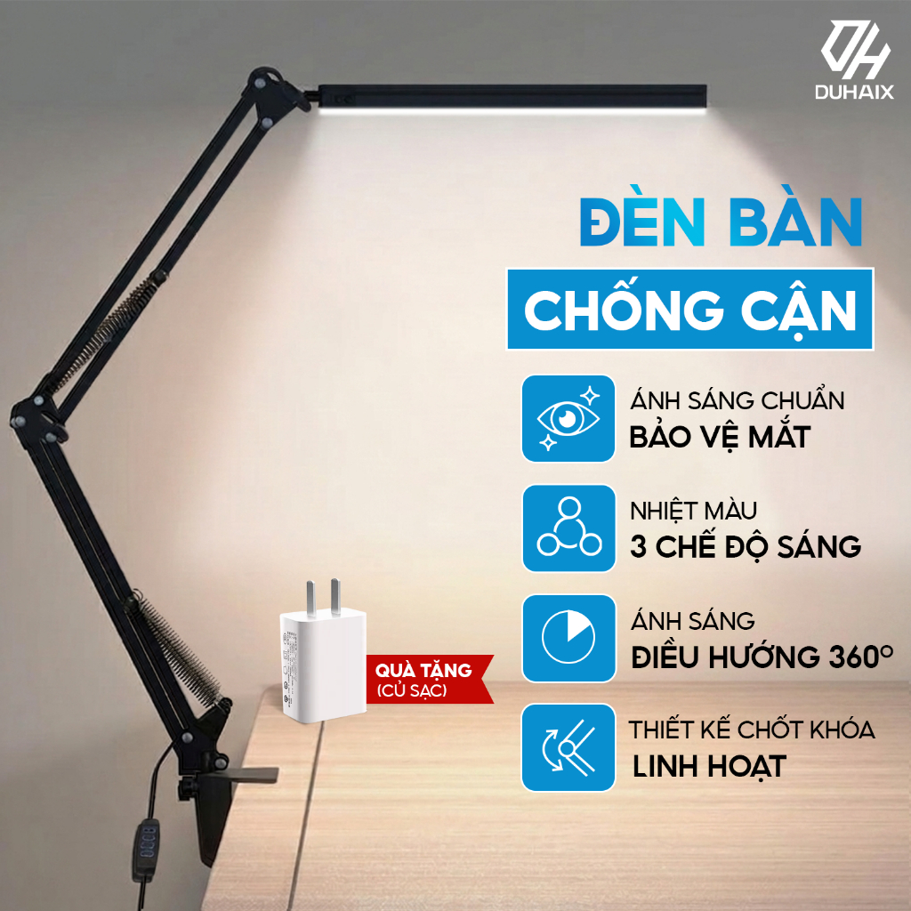 Đèn học kẹp bàn, Bóng Led 12W, Chống Cận kiểu dáng Pixar,3 màu ánh sáng, Điều Chỉnh Độ Sáng, Bảo Vệ Mắt, BH 12th