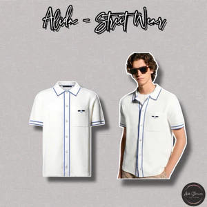 ⚡️[Hight Quality] Áo Polo Sơ Mi Len \/ Blue Ready To - Điểm Nhấn Chữ Chữ Thêu Túi Phối Line Dệt Kim Cao Cấp