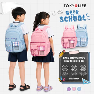Ba lô chống gù cho bé TOKYOLIFE cặp sách đi học cho bé tiểu học nhiều ngăn chống nước 40002550 (27x13x39cm)